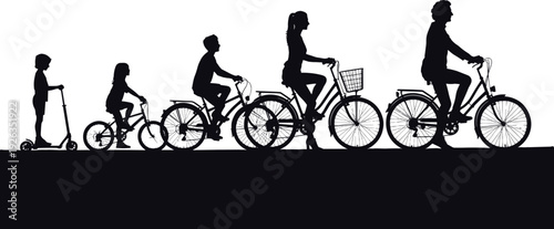 Family growth stages silhouette illustration showing child to adult riding scooter and bicycles in side view, concept of life journey, evolution and active lifestyle