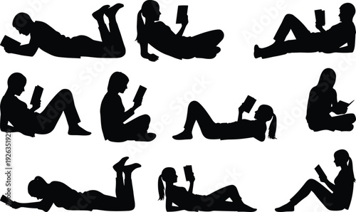 People Reading Books Silhouettes Collection in Various Poses Isolated on White Background, Education and Literature Concept Set