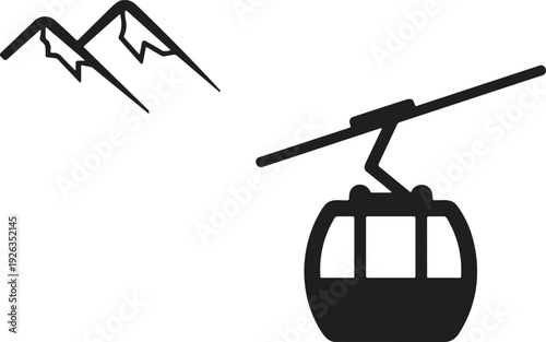 Mountain Cable Car Gondola Silhouette with Alpine Peaks Isolated on White Background, Winter Tourism and Ski Resort Concept