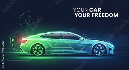 Electric car charging with freedom concept and eco friendly symbol on dark background