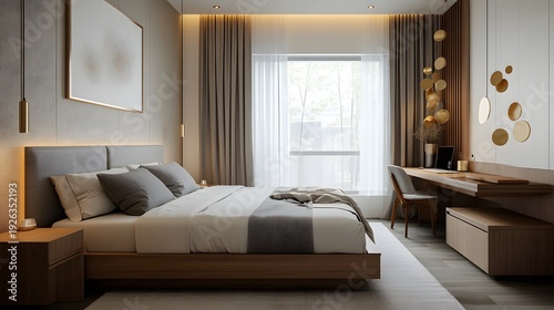 Stylish contemporary bedroom with workspace and desk. Minimalist bedroom interior with warm wood accents.