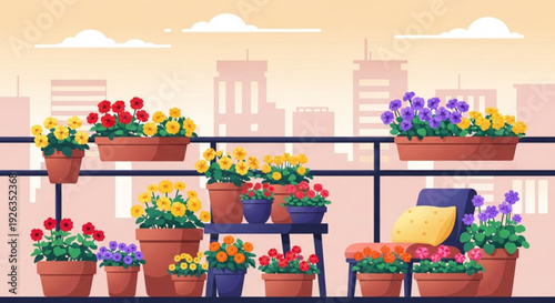 Vibrant city balcony with colorful potted flowers and urban skyline at sunset showcasing a serene and lively atmosphere with blooming