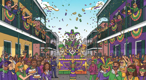 Vibrant mardi gras parade floats through colorful french quarter streets with joyful crowds celebrating confetti flying everywhere
