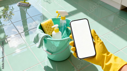 Hand in Yellow Glove Holding Smartphone Blank Screen Mockup Over Cleaning Supplies