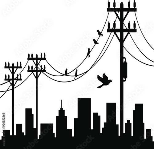 City Skyline with Electric Poles and Birds Silhouette Isolated on White Background, Urban Power Lines Infrastructure Concept Illustration