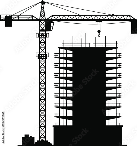 Construction Crane and Building Silhouette Isolated on White Background, Urban Development Architecture and Industrial Engineering Concept Illustration
