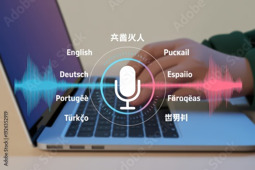Artificial Intelligence Voice Recognition and Multilingual Translation Concept Featuring Microphone Icon and Sound Wave Visualization on Laptop Screen