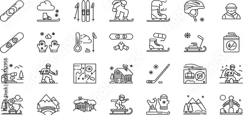 Winter Sports and Activities Line Icon Set with Skiing Snowboarding Ice Skating Equipment and Outdoor Adventure Outline Vector Illustration