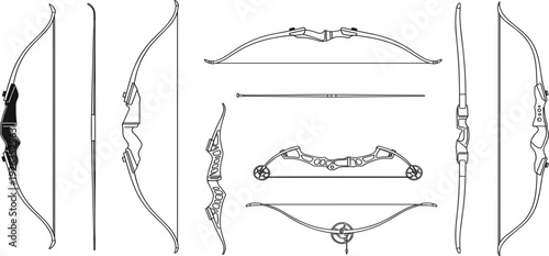 Archery Bow Equipment Collection with Recurve and Compound Bows Side Views Shooting Gear Outline Vector Illustration Set for Sports Design