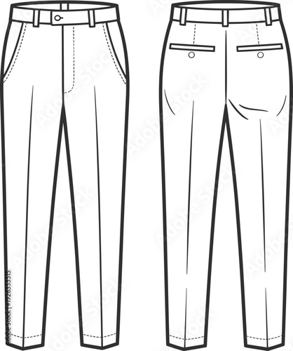Flat vector CAD drawing of men’s formal pants with waistband, belt loops, welt pockets, pleated front, back darts, slim fit