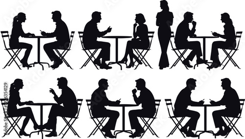 People sitting at cafe tables silhouettes collection, men and women talking, dating, business meeting, communication concept isolated on white background vector illustration