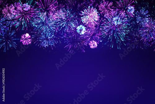 Digital Neon Fireworks Celebration Background with Blue Purple Pink Light Bursts and Copy Space