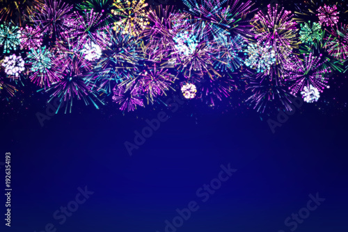 Colorful Digital Fireworks Celebration Background with Neon Light Bursts and Copy Space