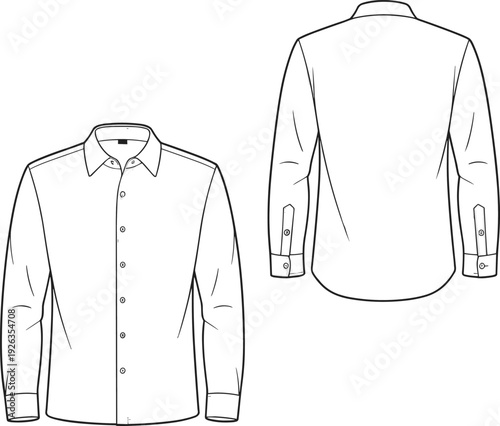 Flat vector cad drawing of men’s long sleeve button-up dress shirt with collar, cuffs, and back yoke, technical fashion illustration