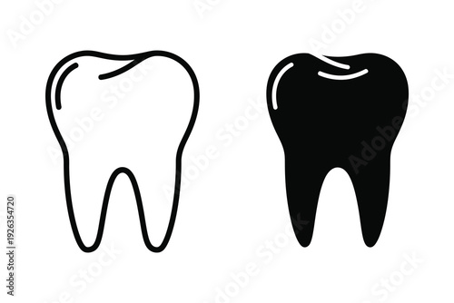 Tooth Icons: Outline and Solid Black for Dental Care, Health, and Oral Hygiene