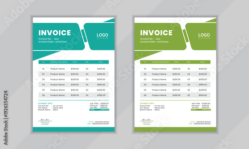 Modern invoice template with teal and green color scheme, professional business document design.