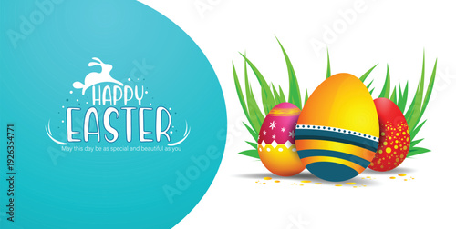 Colorful easter eggs and bunny graphic illustration for easter celebration and holiday greeting cards