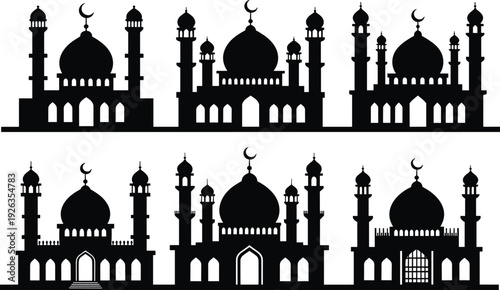 Islamic mosque silhouette collection with domes and minarets, crescent moon symbols, Ramadan Kareem architecture vector set isolated on white background
