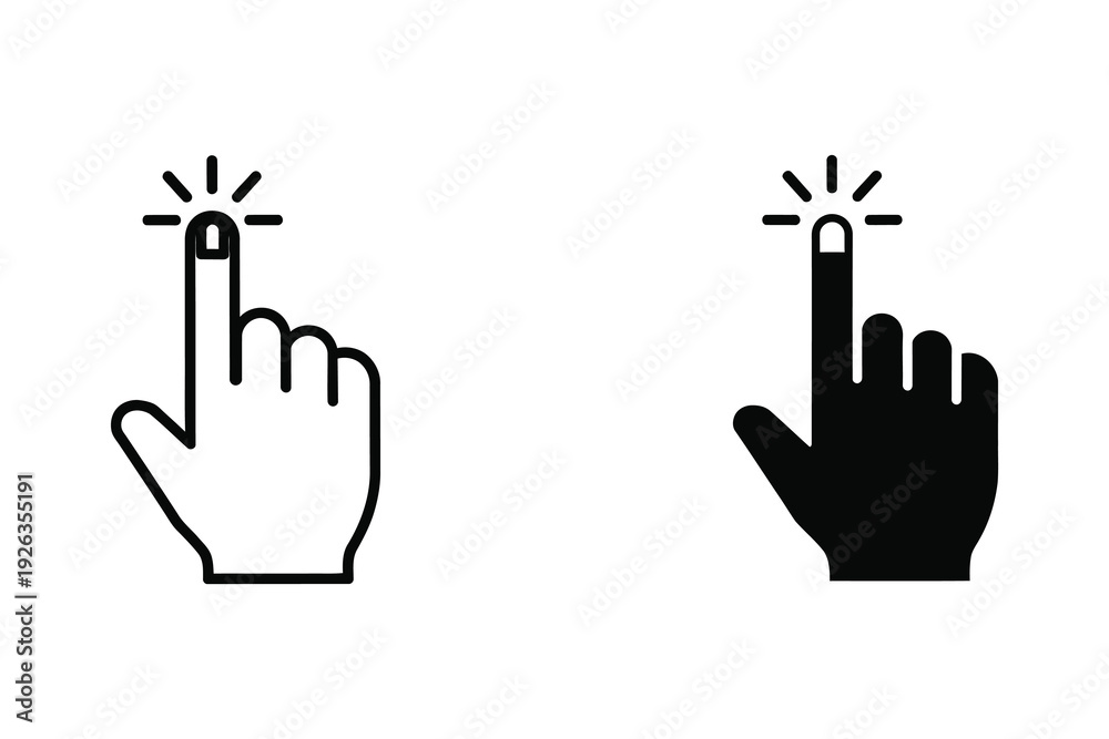 Fototapeta premium Hand Clicking Icon: Pointer Finger with Sparkle, Outline and Solid