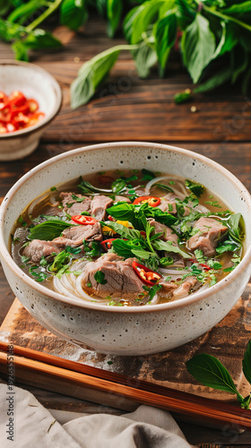 Delicious Vietnamese Pho Bo soup with tender beef slices and fresh herbs in a rustic bowl
