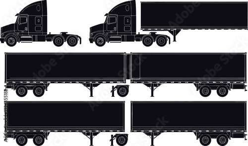 Semi truck and trailer silhouette set with multiple side views, detailed vector illustration of cargo transport vehicle isolated on white background for logistics design