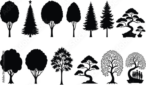 Collection of twelve stylized tree silhouette illustrations featuring diverse shapes, including bonsai, conifer, deciduous, and creative artistic design themes