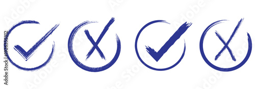 Check tick mark icon set. Cross box x check mark checkbox v list vector draw hand drawn sketch doodle brush marker checklist symbol wrong right circle. eps 10