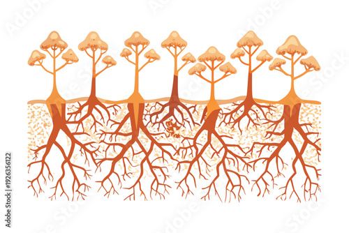Abstract vector pattern of underground mushroom roots (mycelium) connecting trees, nature's internet concept, earthy brown and orange.