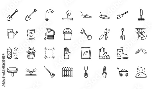 Thin Outline Landscaping Tools and Gardening Equipment Icons Pixel Perfect Vector Set