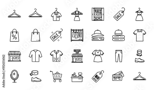 Clothes Hanger and Fashion Retail Thin Line Icons Pixel Perfect Vector Set