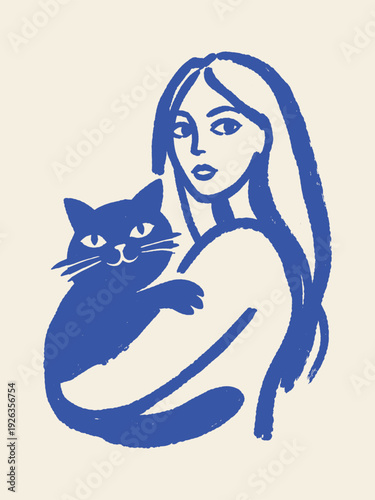 Woman holding cat naive brush illustration vector