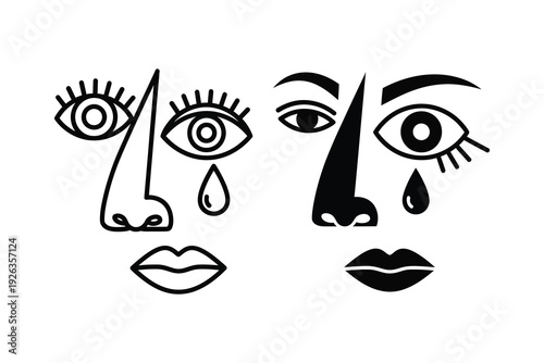 Abstract Faces Icons: Outline and Silhouette with Tears and Expressions