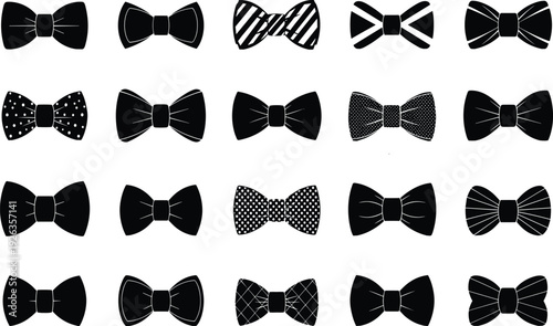 Collection of twenty stylized bow tie illustrations featuring solid, striped, polka dot, and geometric patterns for fashion and design themes
