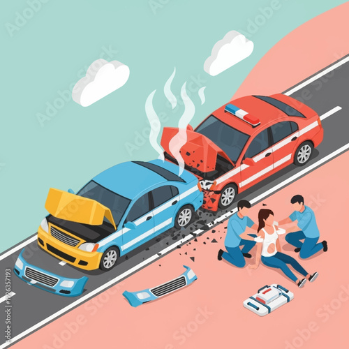 Car accident on the road with injured people.