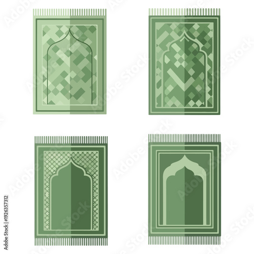 Collection of traditional Islamic prayer mats in various green shades, featuring intricate geometric and arch patterns, ideal for Muslim worship and spiritual practices and home decor