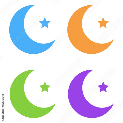 Set of Four Colorful Crescent Moons with Stars Icons, symbolizing night, celestial bodies, and the passage of time in a visually appealing and simple design