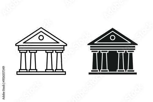 Classic Bank Building Icon: Outline and Solid Styles