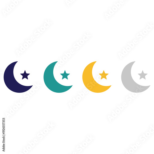 Collection of stylized crescent moons with stars in various color palettes representing celestial bodies and night sky elements