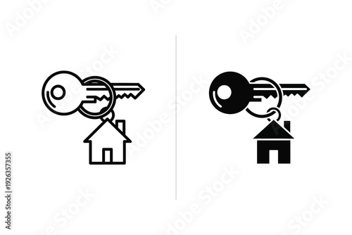 House Key and Keychain Icon - Line and Silhouette