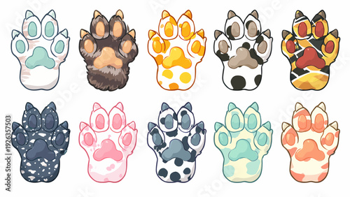 Collection of cute cartoon cat and animal paw prints in various colors and patterns displayed together
