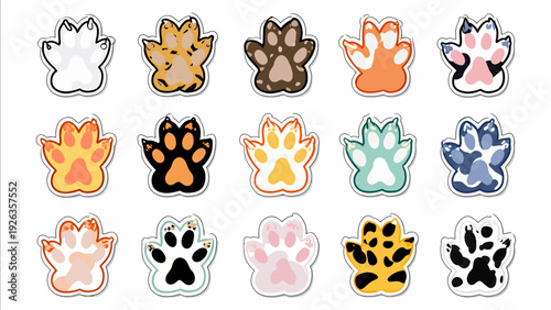 Collection of cartoon animal paw prints in various colors and designs on a plain background