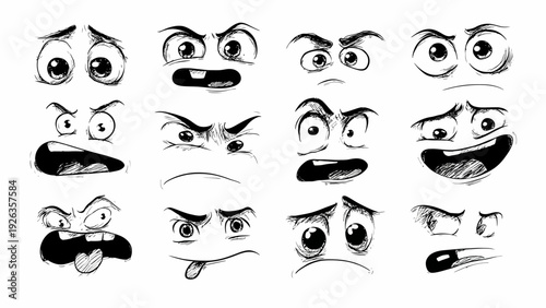 Collection of Cartoon Comic Eyes and Mouth Expressions in Various Emotions and Facial Illustrations