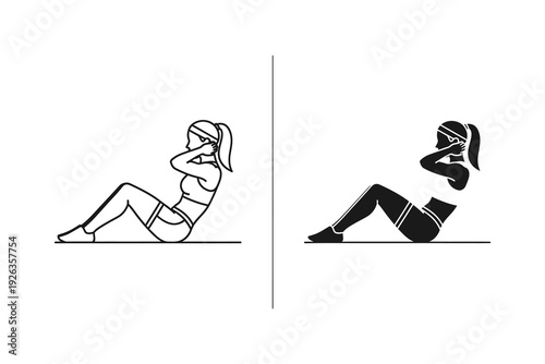 Woman Performing Sit-up Exercise Outline and Solid Black Workout Icon