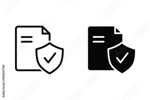 Document security icons, file protection symbols with shield and checkmark for safety
