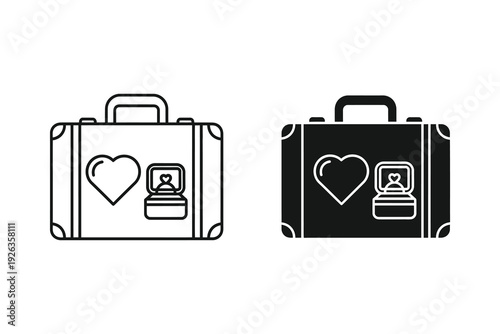 Wedding Suitcase Icon Set: Engagement Ring and Heart Graphics in Outline and Solid