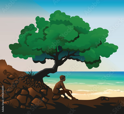 Relaxing summer landscape vector illustration of a person sitting under a green tree by the ocean beach
