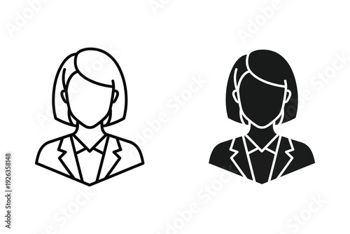 Professional Business Woman Icons: Avatar in Outline and Solid Styles