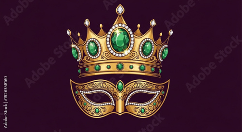 Golden crown and masquerade mask with green jewels on dark background symbolizing luxury and mystery
