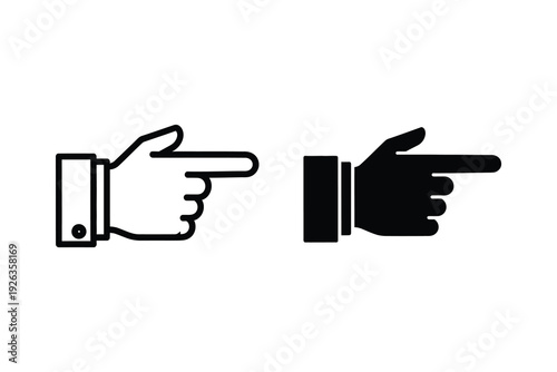 Pointing Finger Icons: Hand Gesture to the Right in Outline and Silhouette