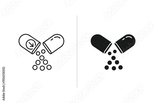 Open Capsule Icon: Medical Pill with Contents in Outline and Solid Black